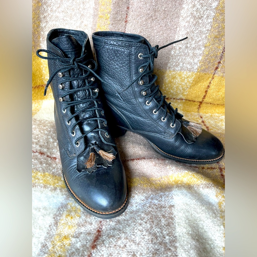 ARIAT EUC VTG Black Leather Riding/Combat/Work Roper Boots Tasseled Size 7.5